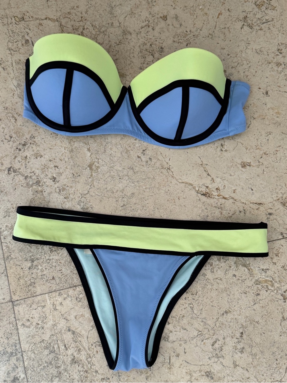 Victoria's Secret Light Blue & Lime Strapless Bikini Set with Black Trim